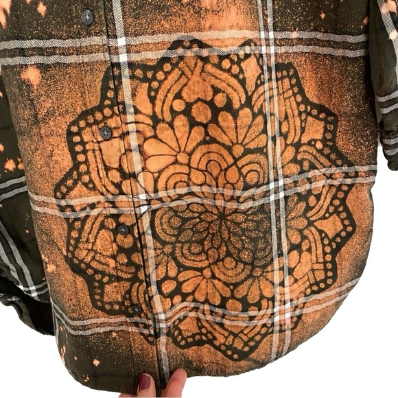 Handmade Flannel Dress Womens Small Boho Stencil Bleached Floral Tunic Green - Picture 6 of 12